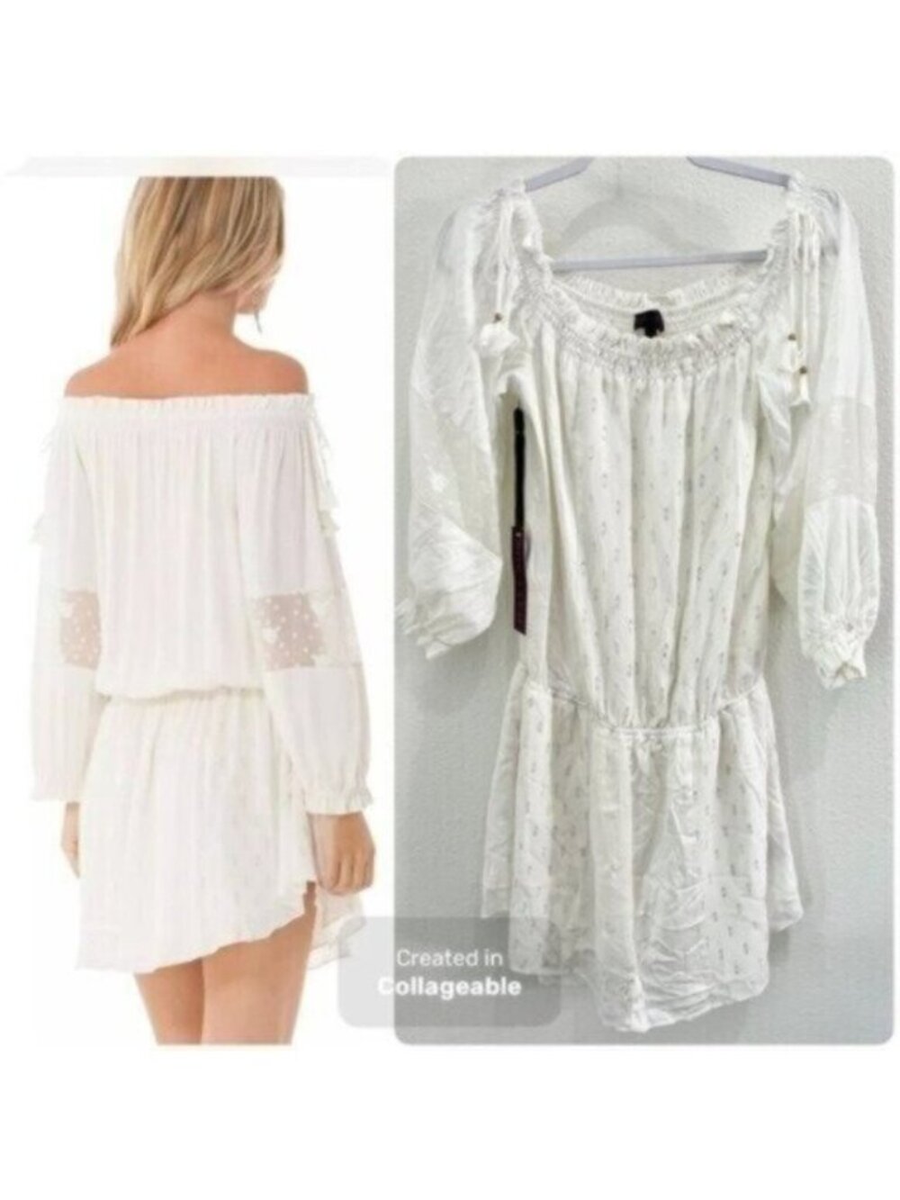 Hale Bob Silk Feminine White Mini Dress Boho Dainty Neutral Beach Off Shoulder